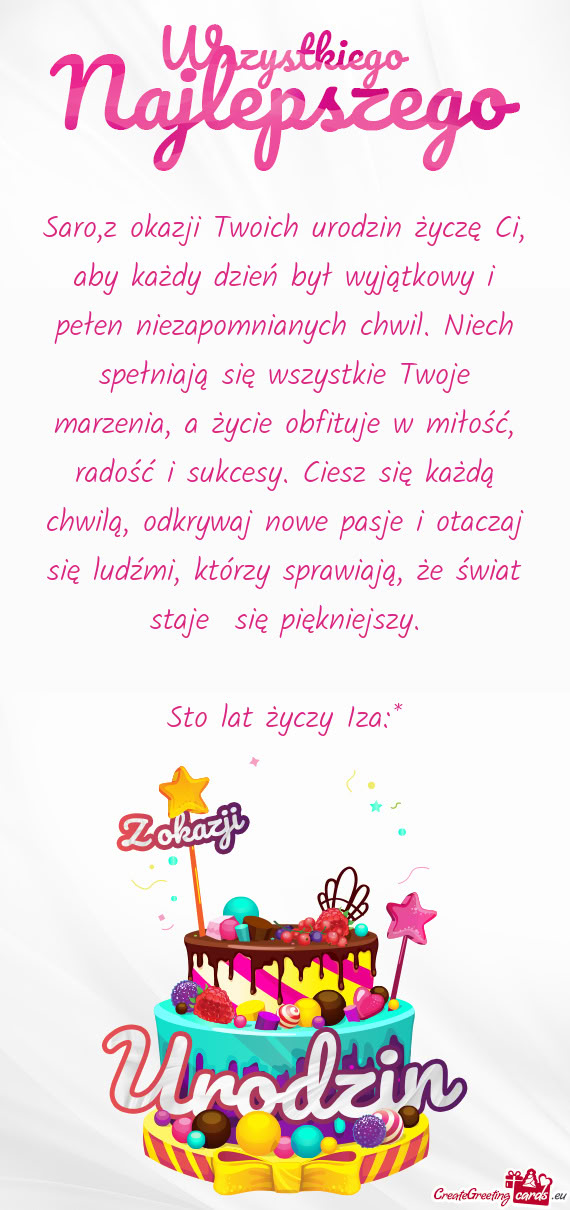 Saro,z okazji Twoich urodzin życzę Ci, aby każdy dzień był wyjątkowy i pełen niezapomnianych