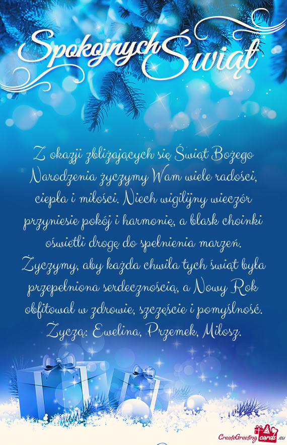 Ści. Niech wigilijny wieczór przyniesie pokój i harmonię, a blask choinki oświetli drogę do sp