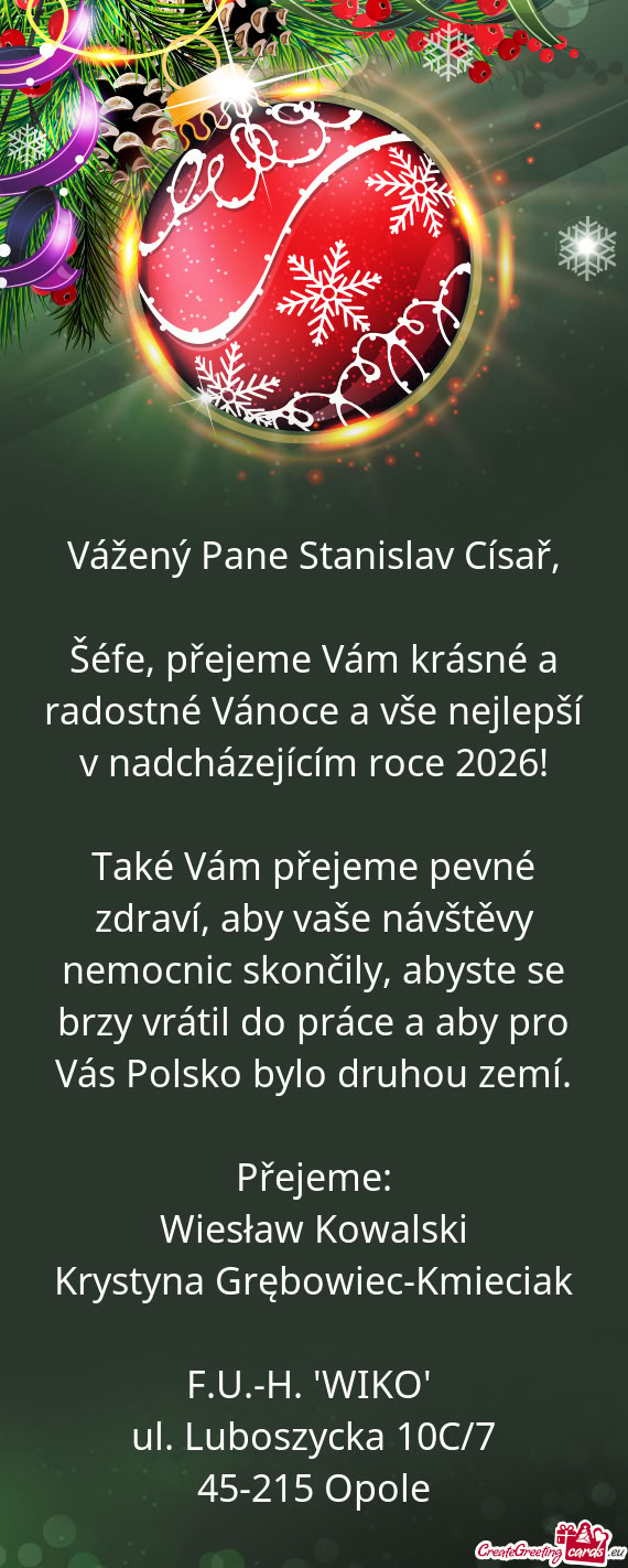 Šéfe, přejeme Vám krásné a radostné Vánoce a vše nejlepší v nadcházejícím roce 2026