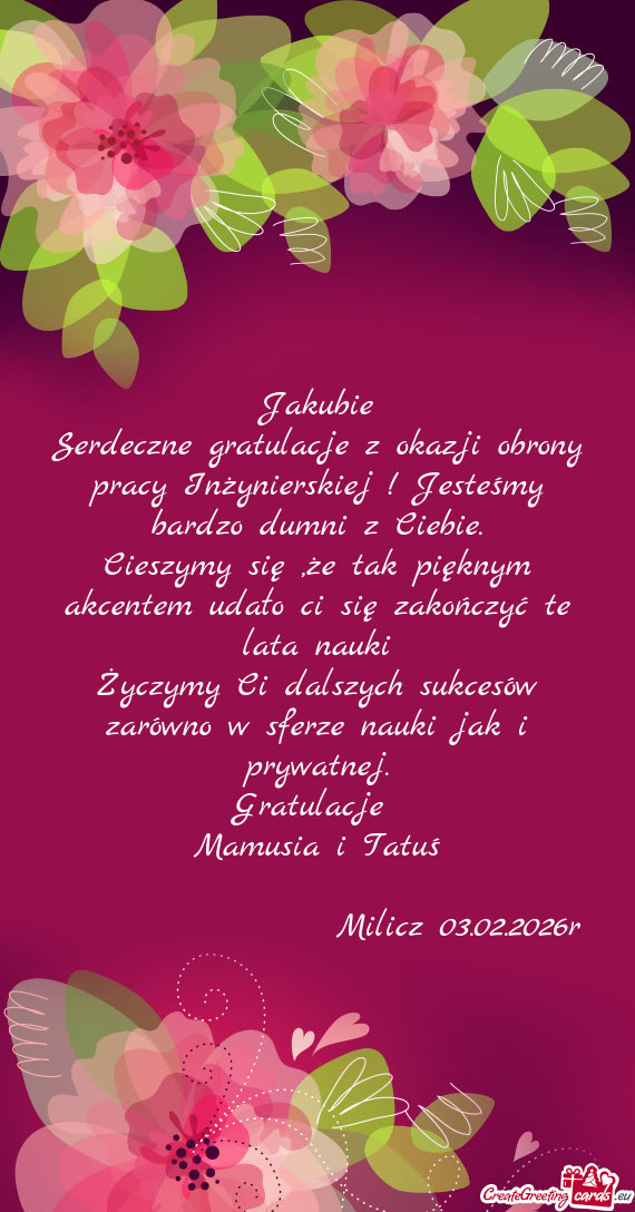 Serdeczne gratulacje z okazji obrony pracy Inżynierskiej ! Jesteśmy bardzo dumni z Ciebie