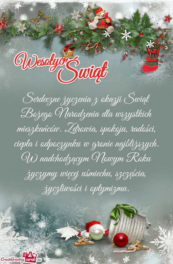 Serdeczne życzenia z okazji Świąt Bożego Narodzenia dla wszystkich mieszkańców. Zdrowia, spoko
