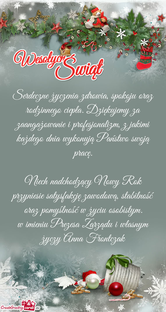 Serdeczne życzenia zdrowia, spokoju oraz rodzinnego ciepła. Dziękujemy za zaangażowanie i profes