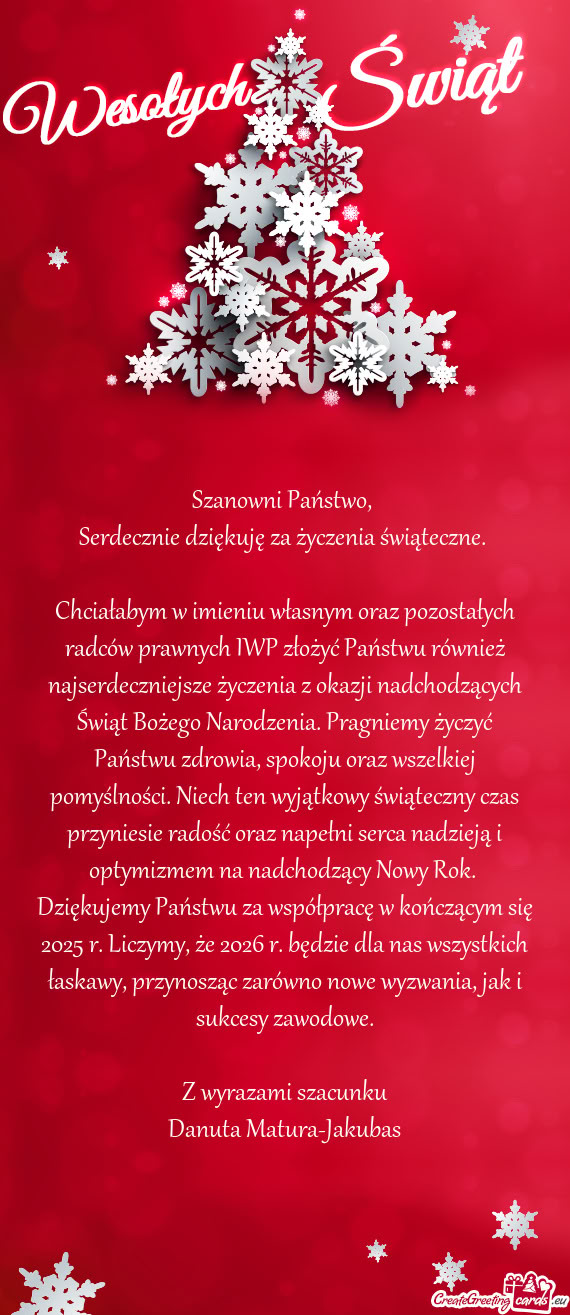 Serdecznie dziękuję za życzenia świąteczne
