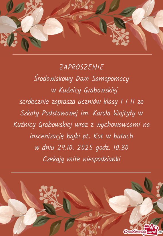 Serdecznie zaprasza uczniów klasy I i II ze Szkoły Podstawowej im. Karola Wojtyły w Kuźnicy Grab
