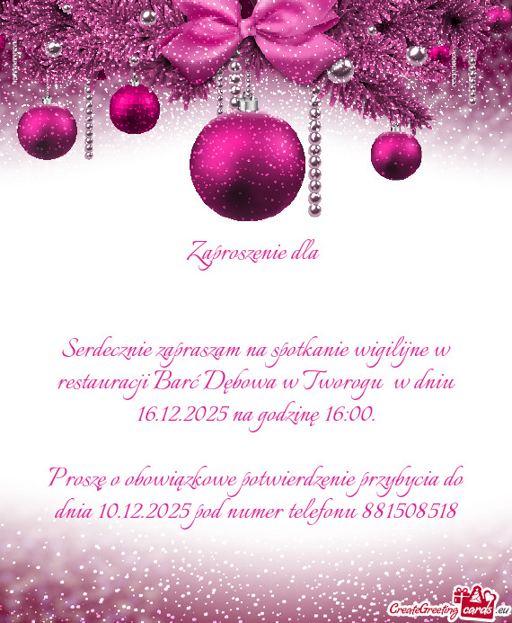 Serdecznie zapraszam na spotkanie wigilijne w restauracji Barć Dębowa w Tworogu w dniu 16.12.2025