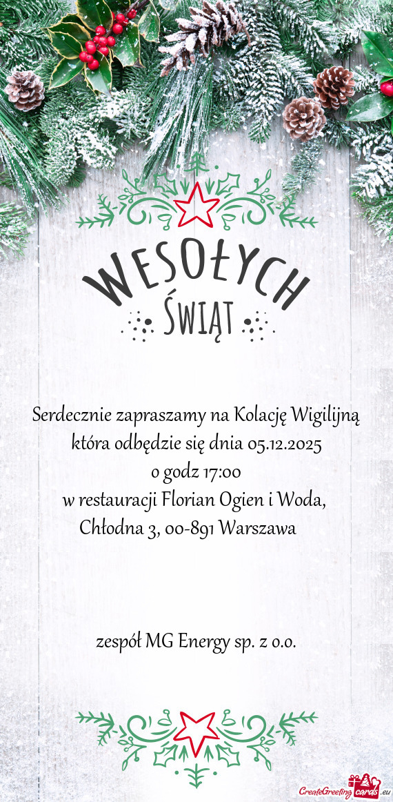 Serdecznie zapraszamy na Kolację Wigilijną która odbędzie się dnia 05.12.2025