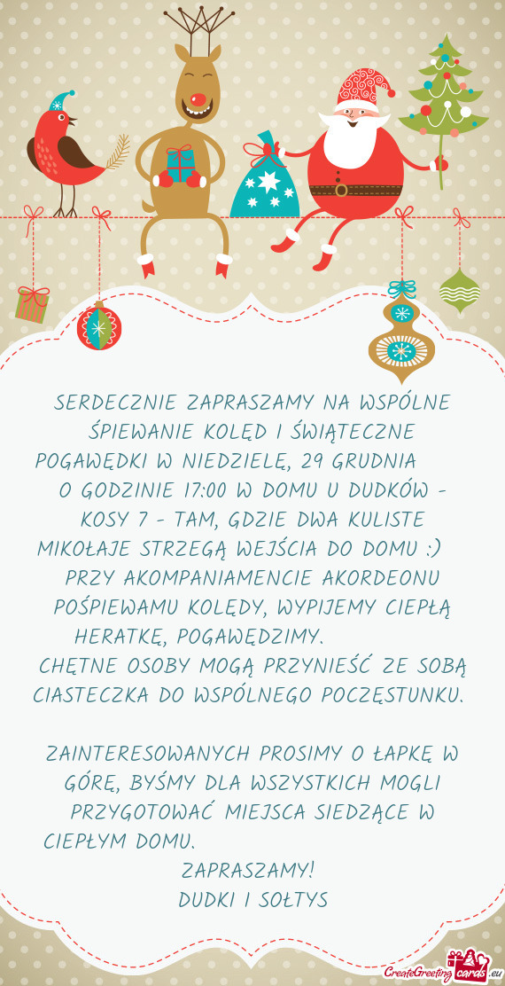 SERDECZNIE ZAPRASZAMY NA WSPÓLNE ŚPIEWANIE KOLĘD I ŚWIĄTECZNE POGAWĘDKI W NIEDZIELĘ, 29 GRUDN