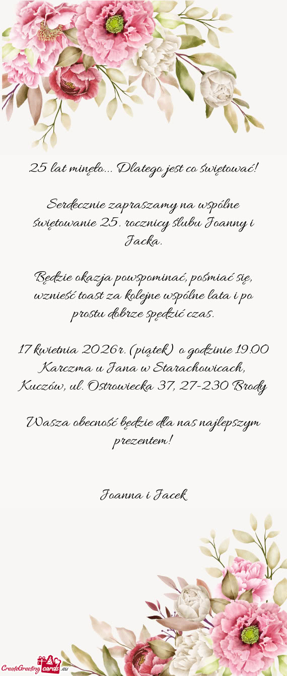 Serdecznie zapraszamy na wspólne świętowanie 25. rocznicy ślubu Joanny i Jacka