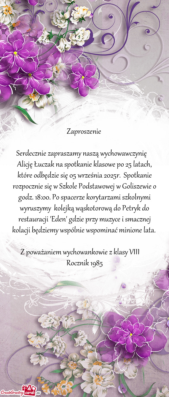 Serdecznie zapraszamy naszą wychowawczynię  Alicję Łuczak na spotkanie klasowe po 25 latach