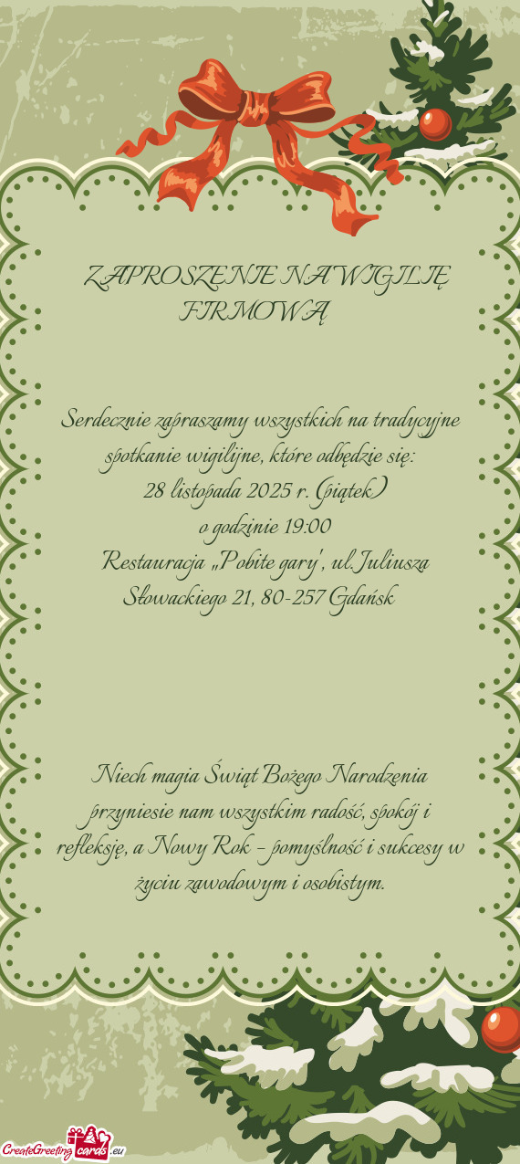 Serdecznie zapraszamy wszystkich na tradycyjne spotkanie wigilijne, które odbędzie się