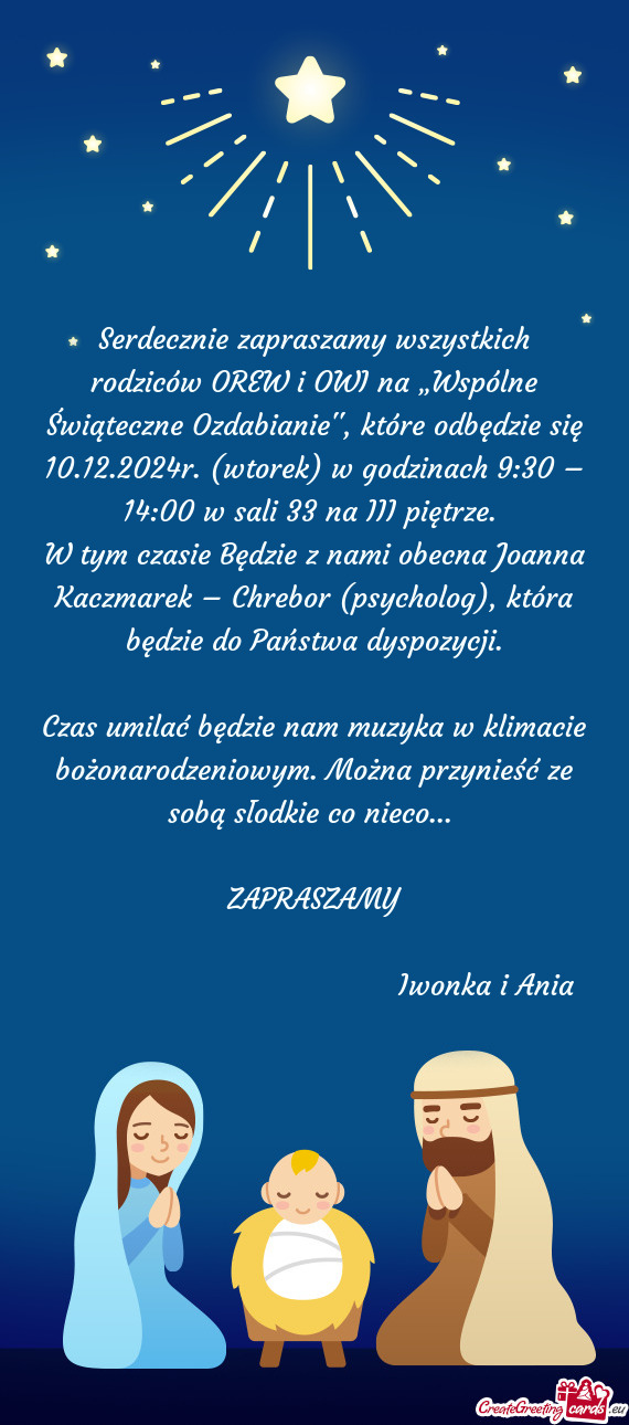 Serdecznie zapraszamy wszystkich rodziców OREW i OWI na „Wspólne Świąteczne Ozdabianie”", kt