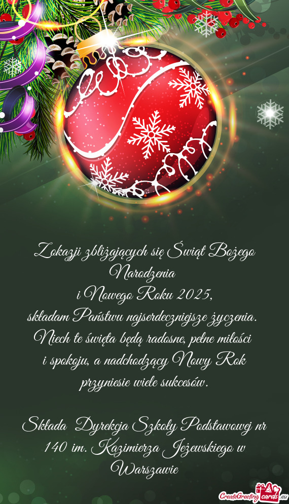 Składa Dyrekcja Szkoły Podstawowej nr 140 im. Kazimierza Jeżewskiego w Warszawie