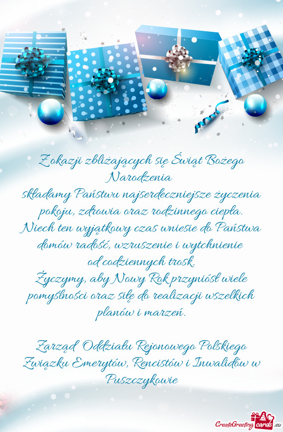 Składamy Państwu najserdeczniejsze życzenia pokoju, zdrowia oraz rodzinnego ciepła