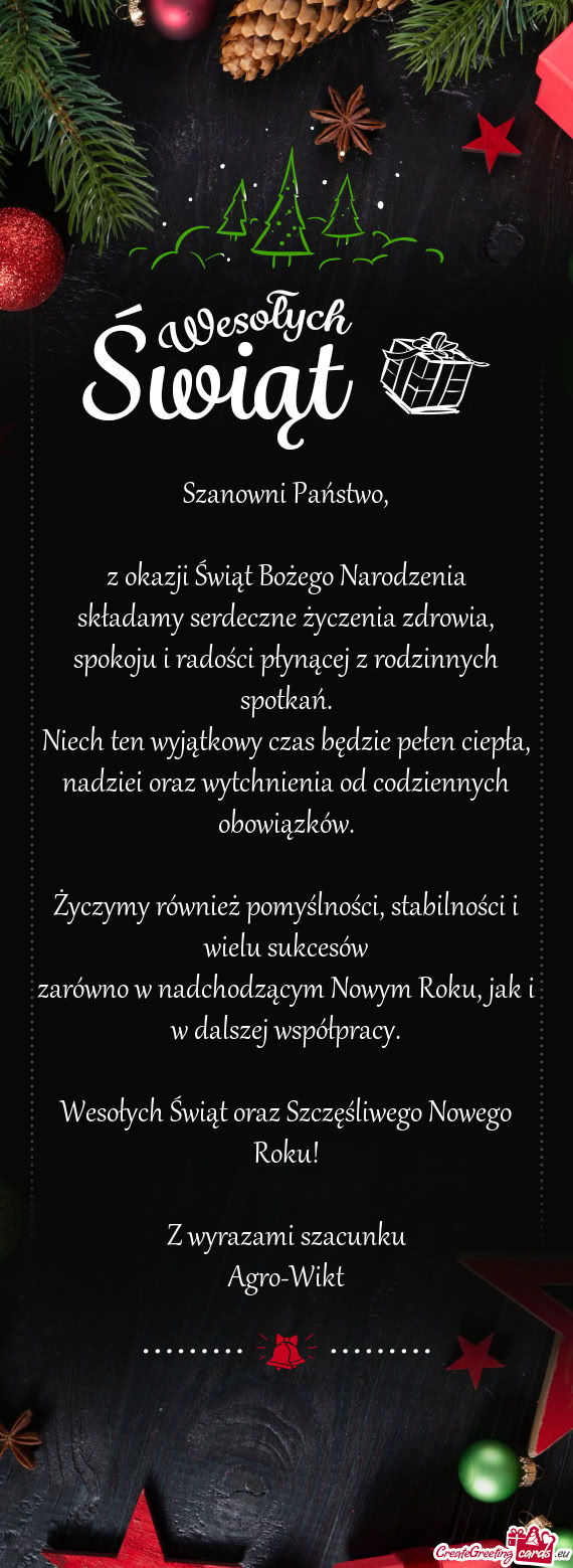 Składamy serdeczne życzenia zdrowia, spokoju i radości płynącej z rodzinnych spotkań