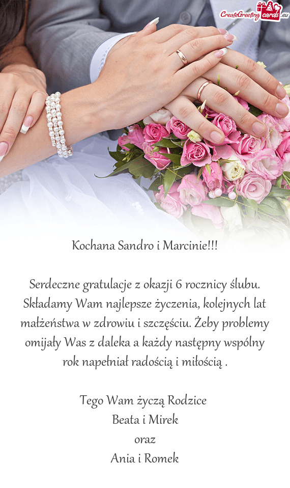 Składamy Wam najlepsze życzenia, kolejnych lat małżeństwa w zdrowiu i szczęściu. Żeby proble