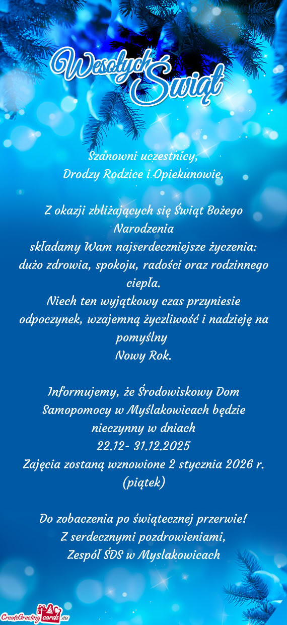Składamy Wam najserdeczniejsze życzenia: dużo zdrowia, spokoju, radości oraz rodzinnego ciepła