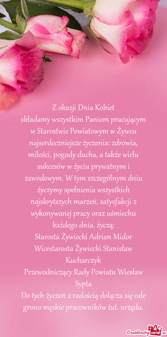 Składamy wszystkim Paniom pracującym w Starostwie Powiatowym w Żywcu najserdeczniejsze życzenia