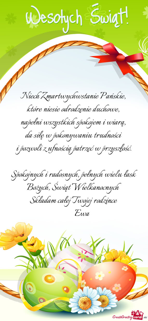 Spokojnych i radosnych, pełnych wielu łask Bożych, Świąt Wielkanocnych