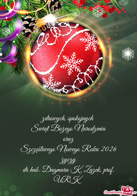 Spokojnych Świąt Bożego Narodzenia oraz Szczęśliwego Nowego Roku 2026 życzy dr hab