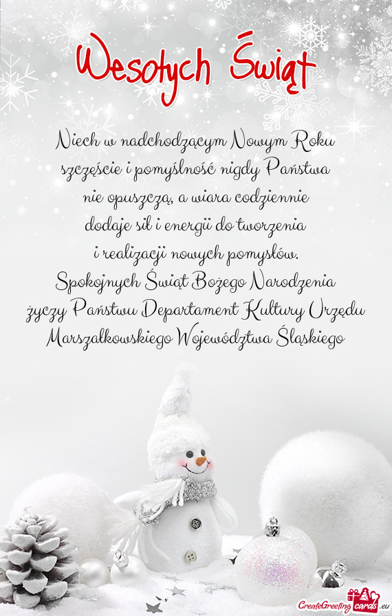 Spokojnych Świąt Bożego Narodzenia Państwu Departament Kultury Urzędu Marszałkowskie