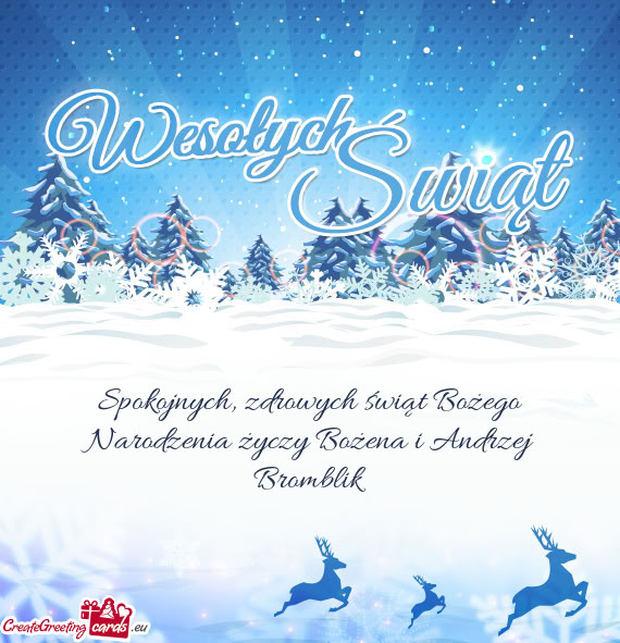 Spokojnych, zdrowych świąt Bożego Narodzenia Bożena i Andrzej Bromblik