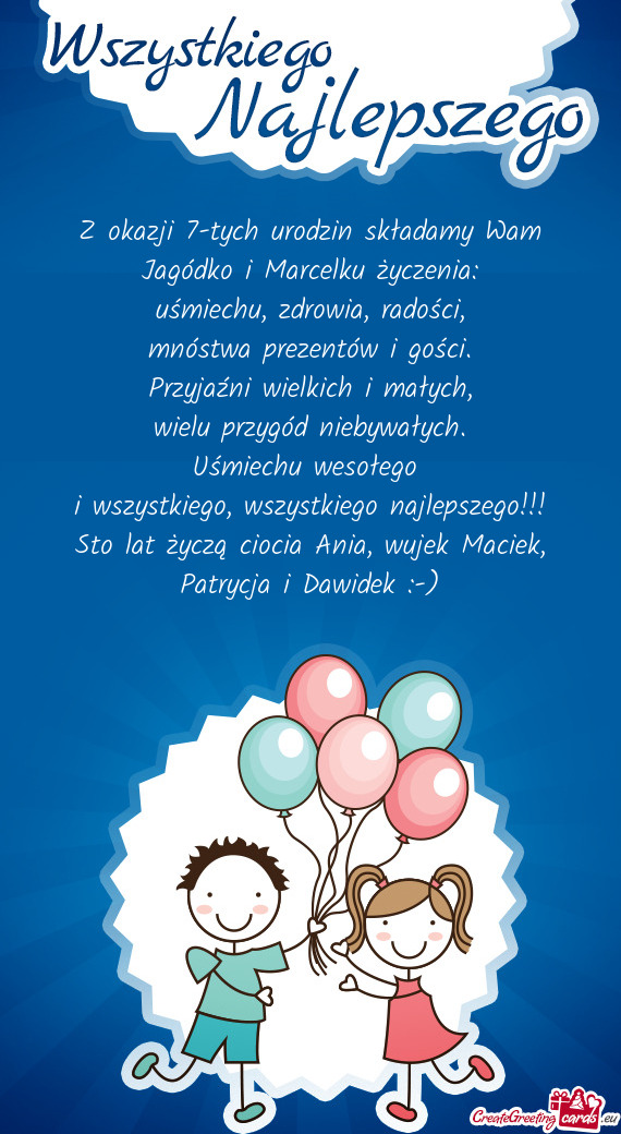 Sto lat życzą ciocia Ania, wujek Maciek, Patrycja i Dawidek :-)