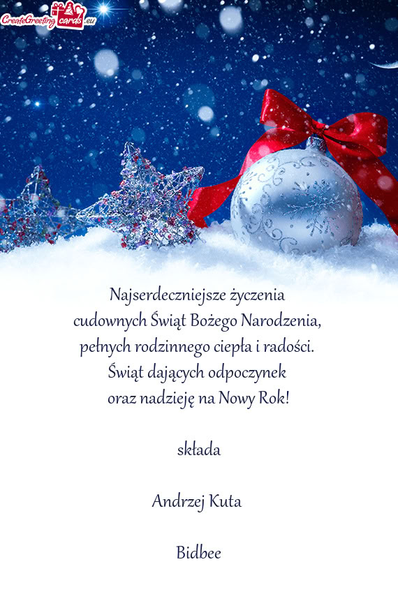 Świąt dających odpoczynek oraz nadzieję na Nowy Rok! składa Andrzej Kuta  Bidbee