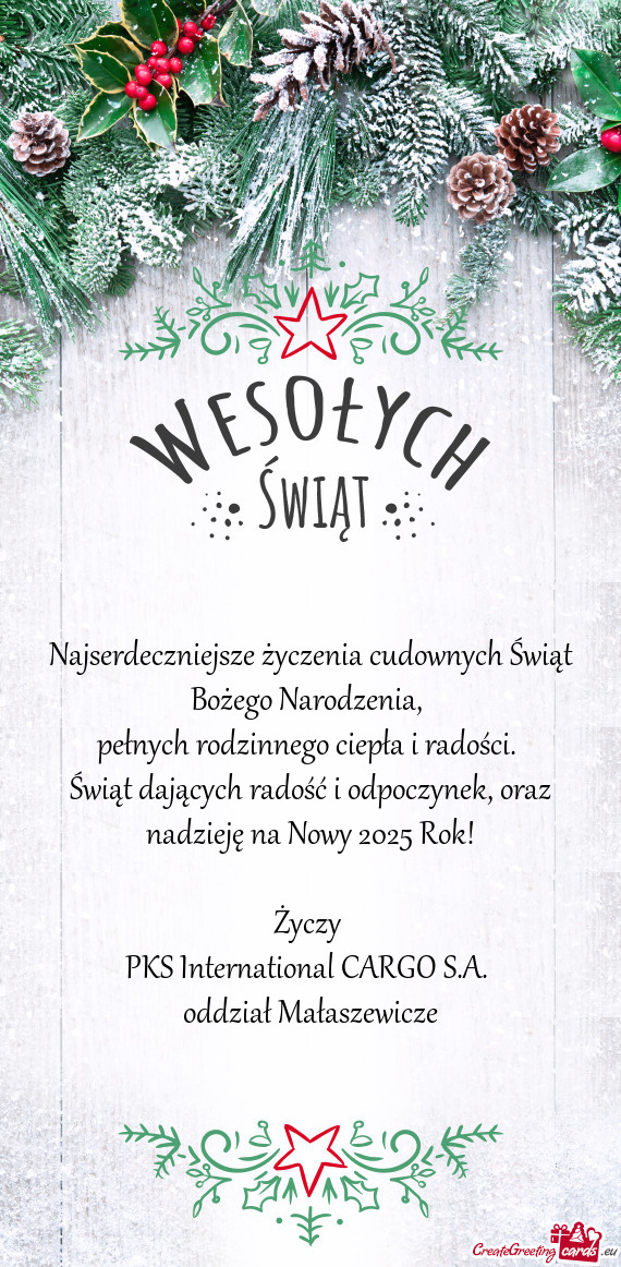 Świąt dających radość i odpoczynek, oraz nadzieję na Nowy 2025 Rok