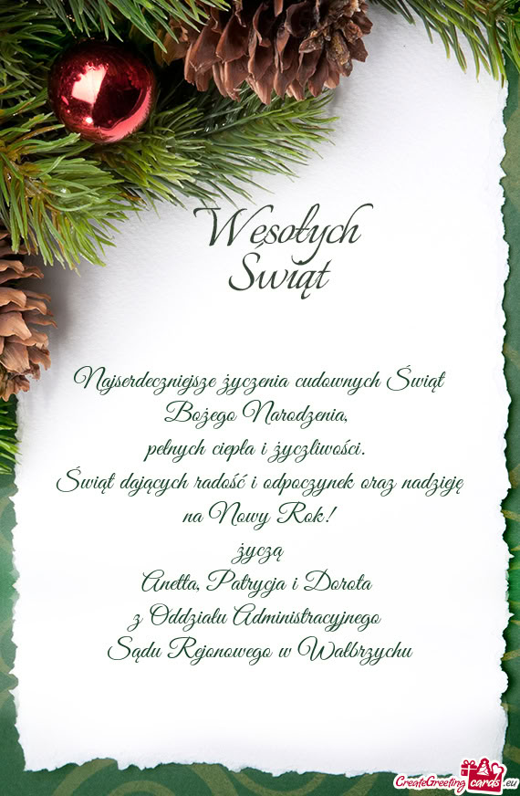 Świąt dających radość i odpoczynek oraz nadzieję na Nowy Rok! życzą Anetta