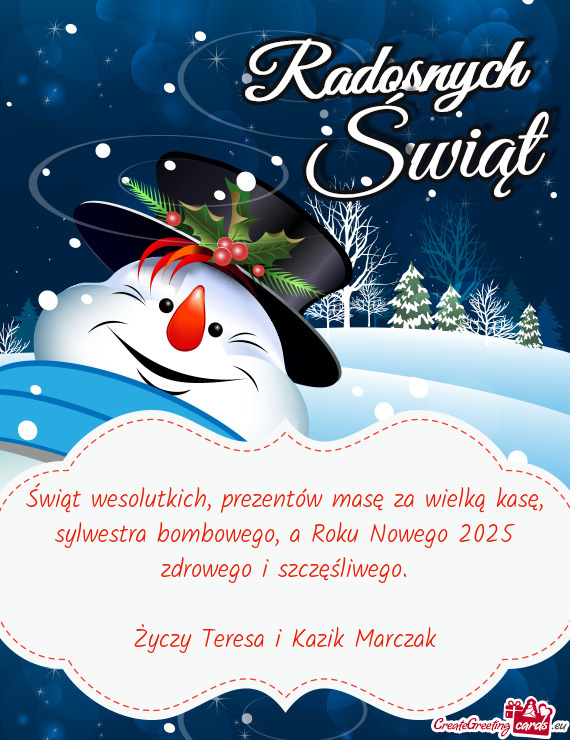 Świąt wesolutkich, prezentów masę za wielką kasę, sylwestra bombowego, a Roku Nowego 2025 zdro