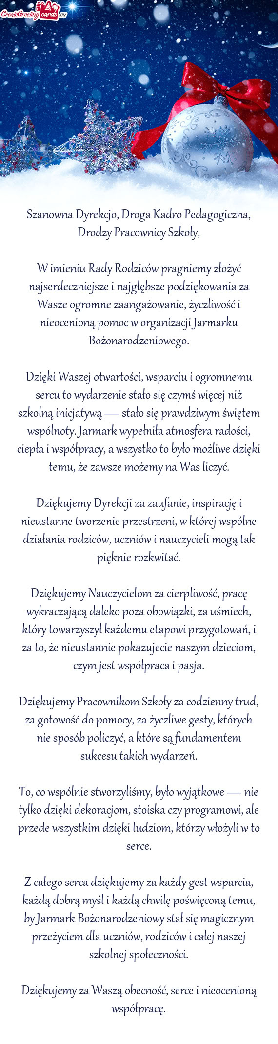 Szanowna Dyrekcjo, Droga Kadro Pedagogiczna, Drodzy Pracownicy Szkoły