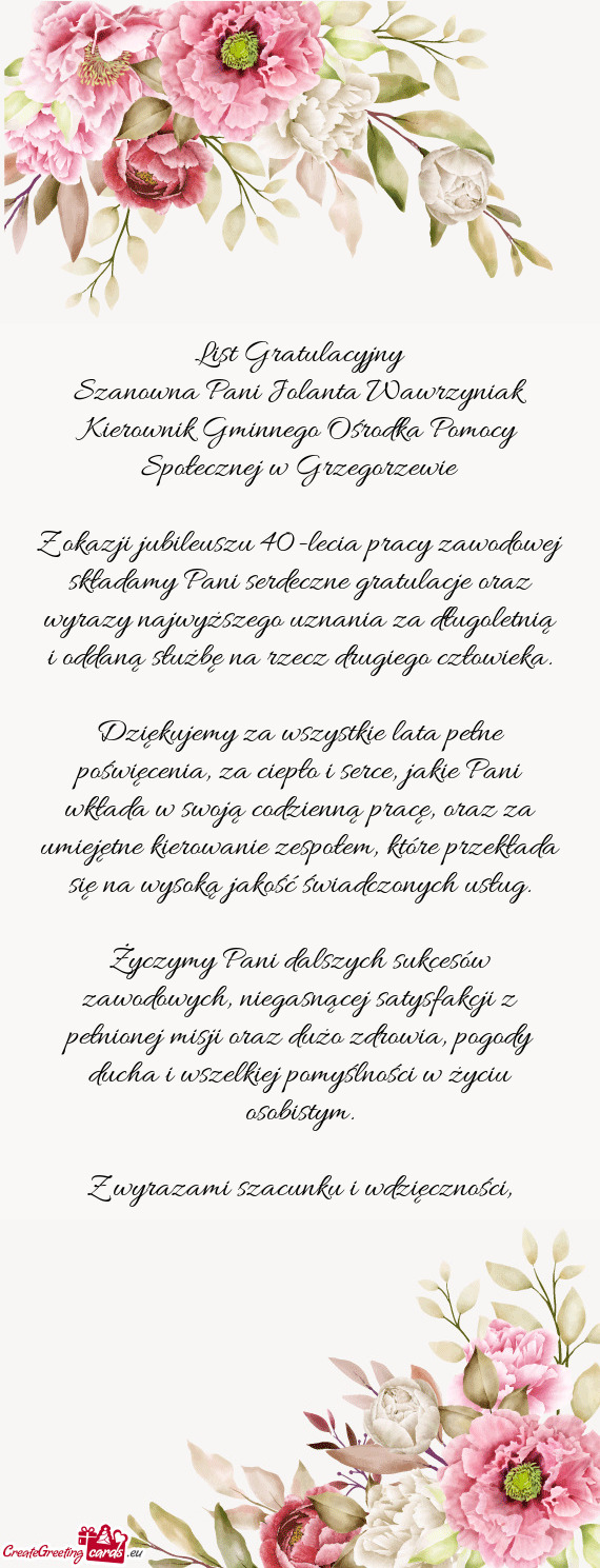 Szanowna Pani Jolanta Wawrzyniak