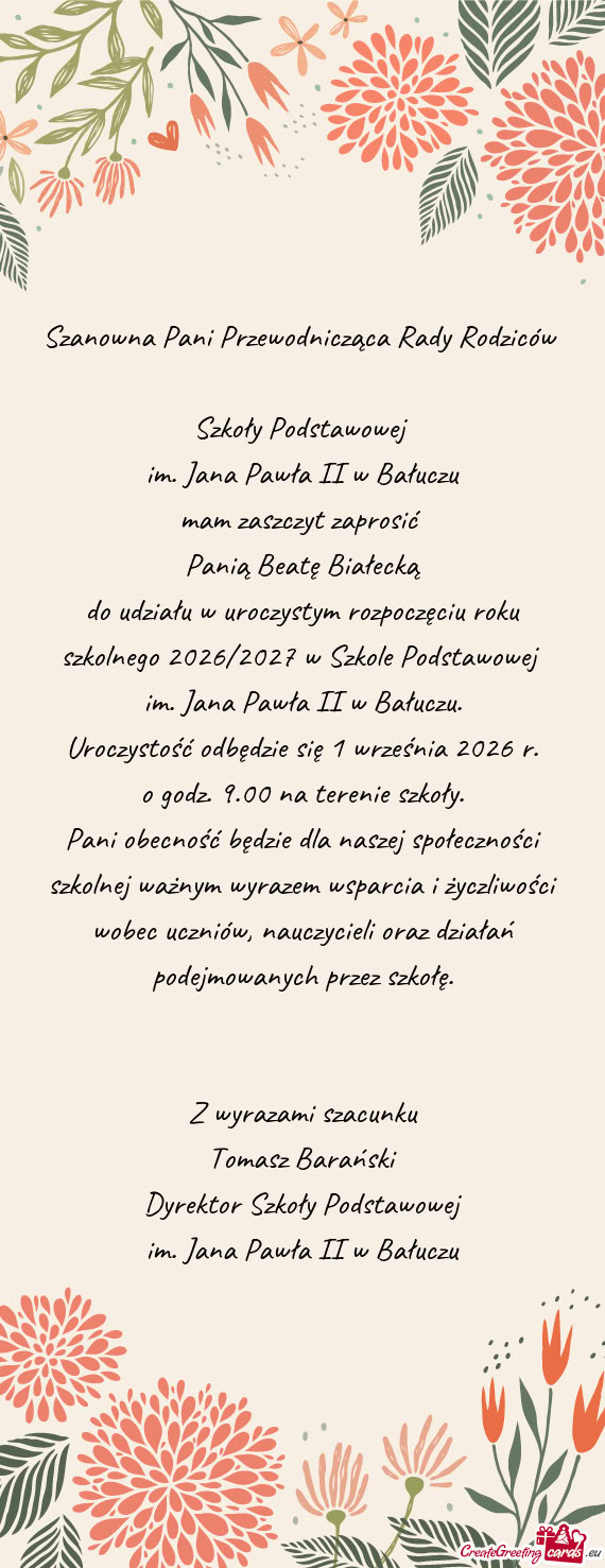 Szanowna Pani Przewodnicząca Rady Rodziców