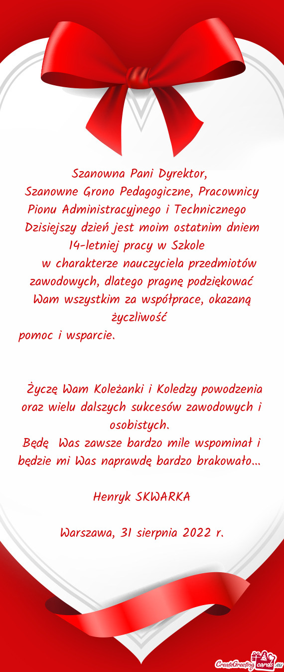 Szanowne Grono Pedagogiczne, Pracownicy Pionu Administracyjnego i Technicznego