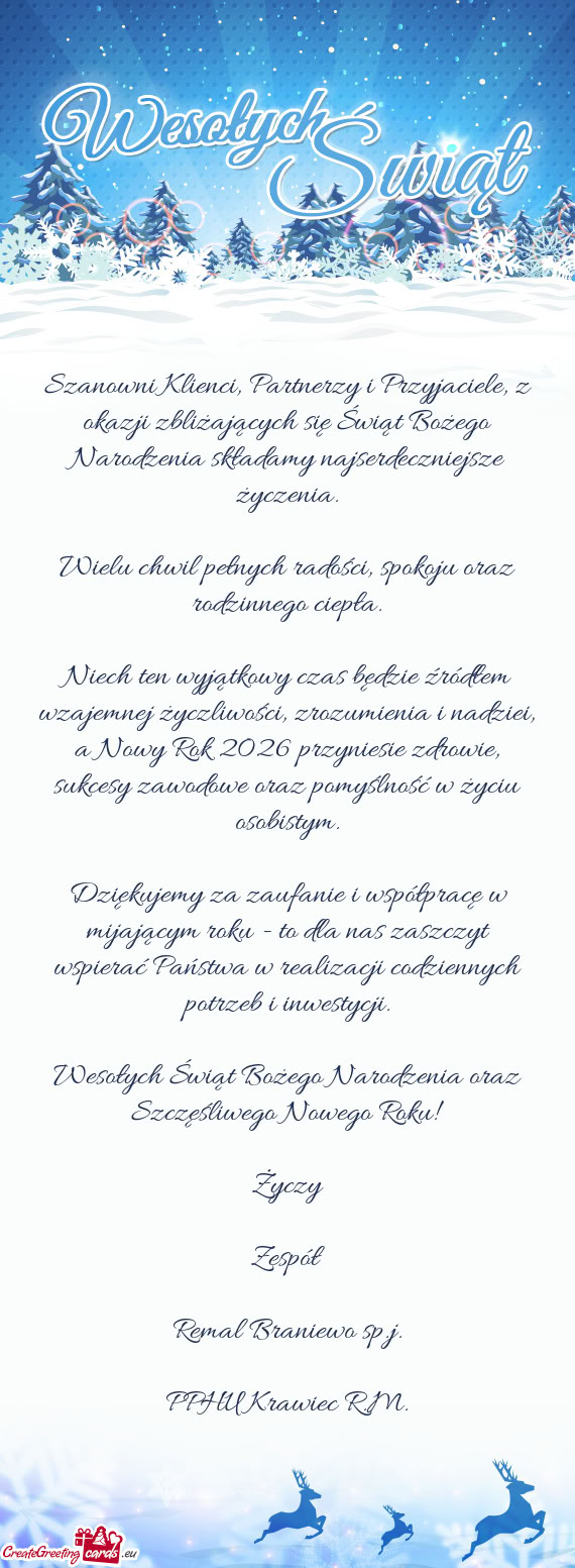 Szanowni Klienci, Partnerzy i Przyjaciele, z okazji zbliżających się Świąt Bożego Narodzenia s
