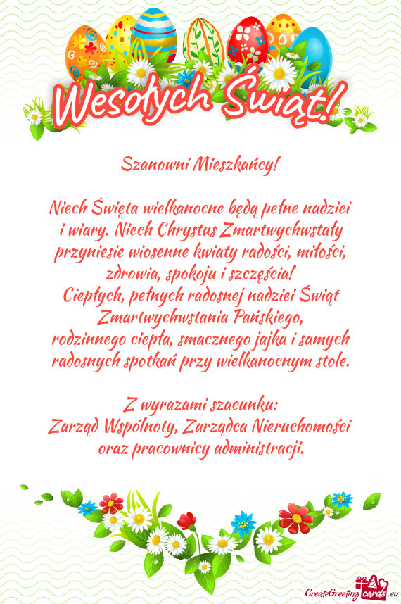 Szanowni Mieszkańcy! Niech Święta wielkanocne będą pełne nadziei i wiary