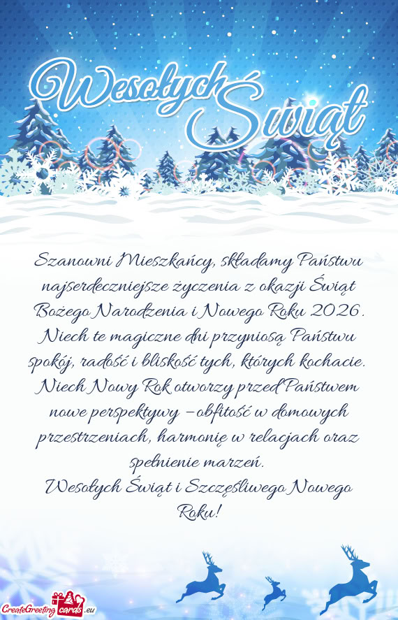Szanowni Mieszkańcy, składamy Państwu najserdeczniejsze życzenia z okazji Świąt Bożego Narodz