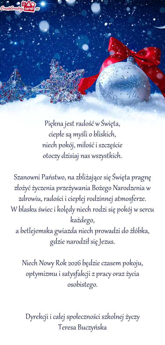 Szanowni Państwo, na zbliżające się Święta pragnę złożyć życzenia przeżywania Bożego Na