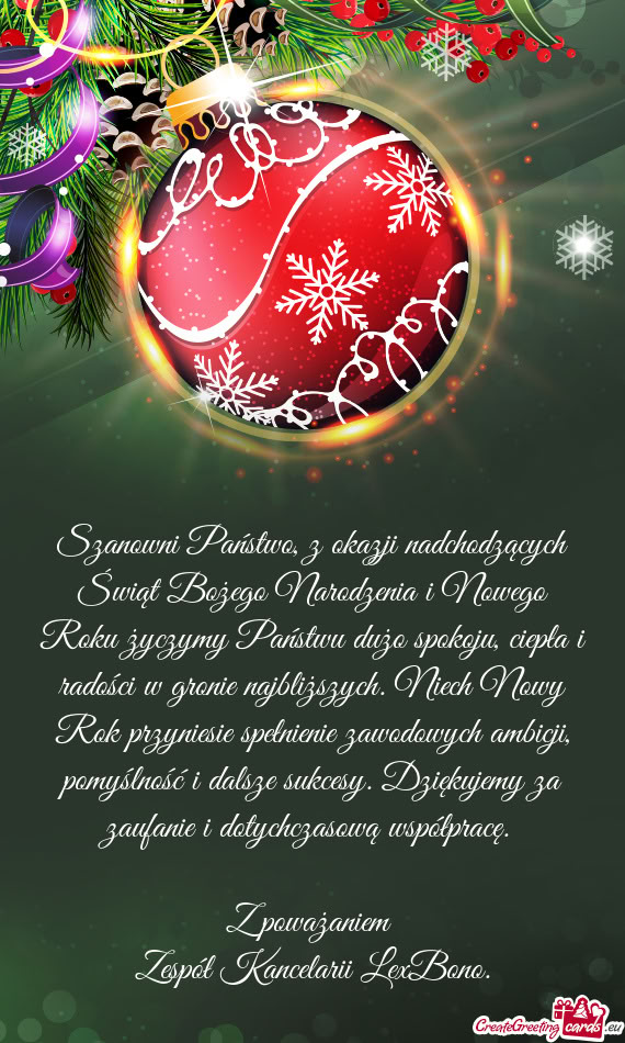 Szanowni Państwo, z okazji nadchodzących Świąt Bożego Narodzenia i Nowego Roku życzymy Państw