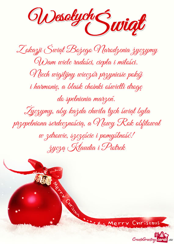 Szczęście i pomyślność! życzą Klaudia i Piotrek