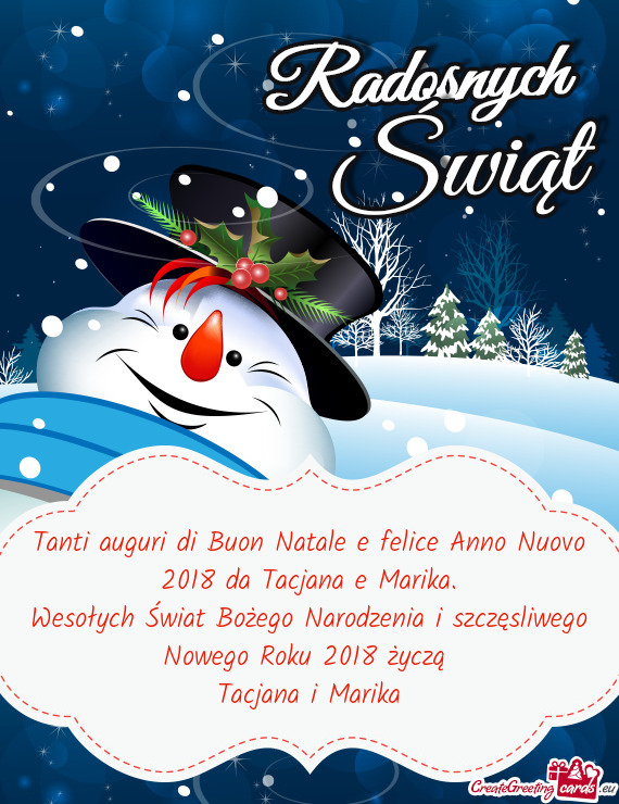 Tanti auguri di Buon Natale e felice Anno Nuovo 2018 da Tacjana e Marika