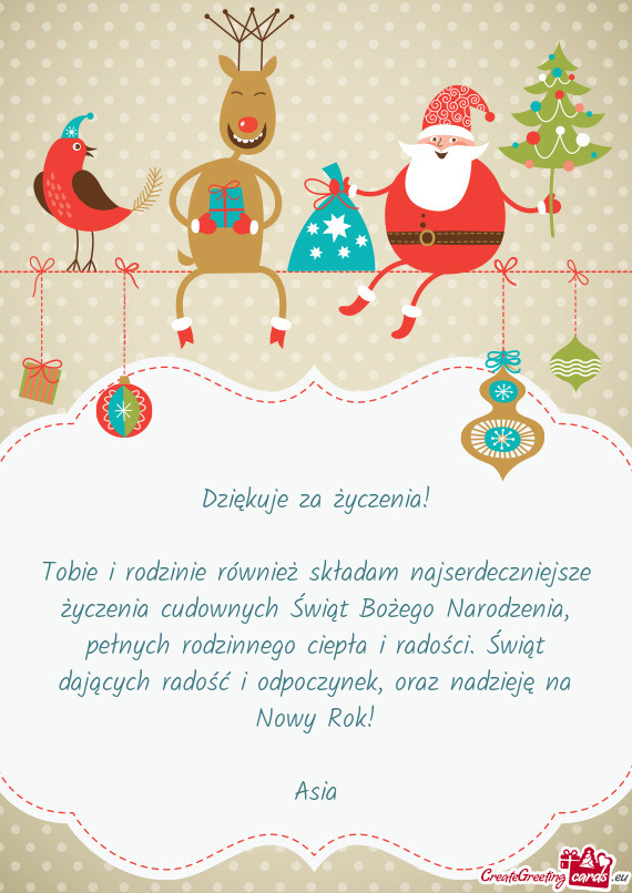 Tobie i rodzinie również składam najserdeczniejsze życzenia cudownych Świąt Bożego Narodzenia