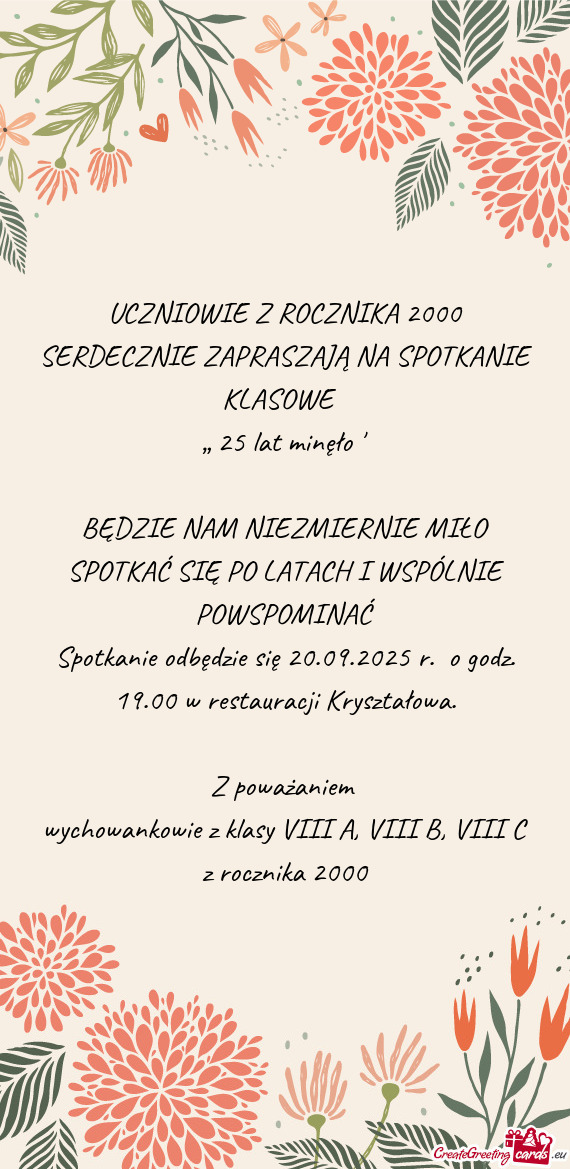 UCZNIOWIE Z ROCZNIKA 2000 SERDECZNIE ZAPRASZAJĄ NA SPOTKANIE KLASOWE