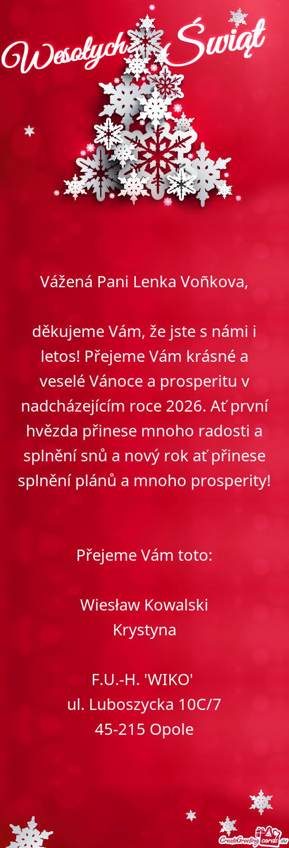 Vážená Pani Lenka Voñkova