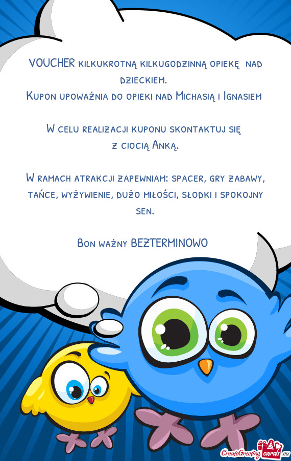VOUCHER kilkukrotną kilkugodzinną opiekę nad dzieckiem