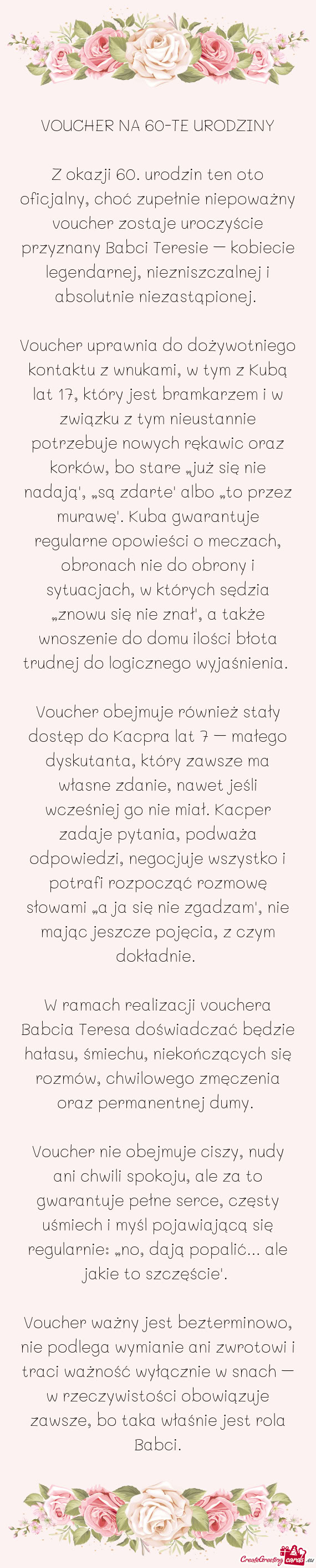 VOUCHER NA 60-TE URODZINY