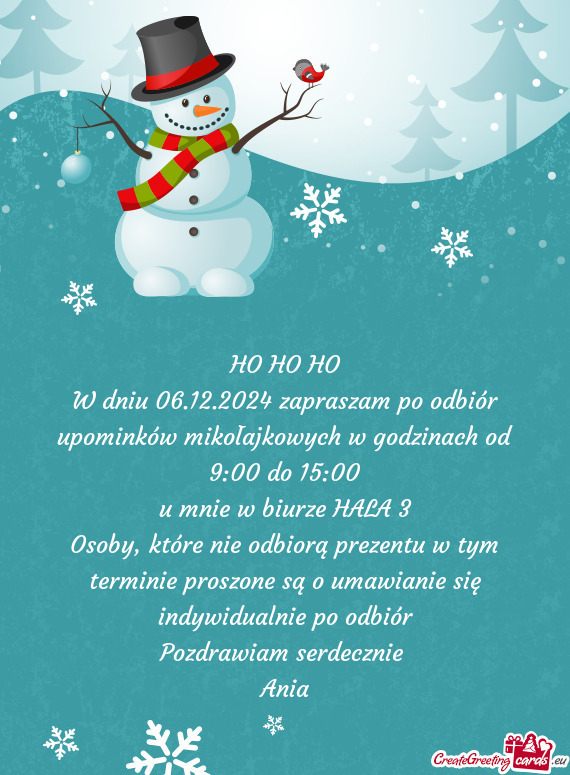 W dniu 06.12.2024 zapraszam po odbiór upominków mikołajkowych w godzinach od 9:00 do 15:00