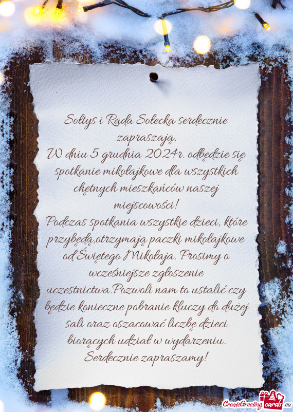 W dniu 5 grudnia 2024r. odbędzie się spotkanie mikołajkowe dla wszystkich chętnych mieszkańców