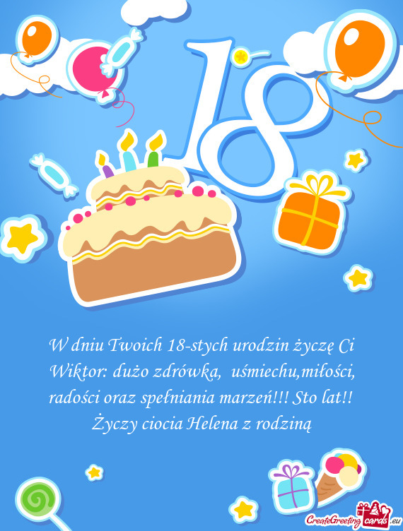 W dniu Twoich 18-stych urodzin życzę Ci Wiktor: dużo zdrówka, uśmiechu,miłości, radości ora