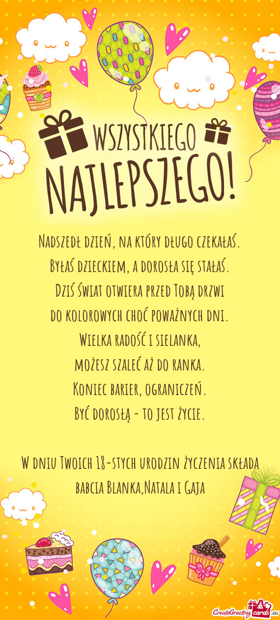 W dniu Twoich 18-stych urodzin życzenia składa babcia Blanka,Natala i Gaja